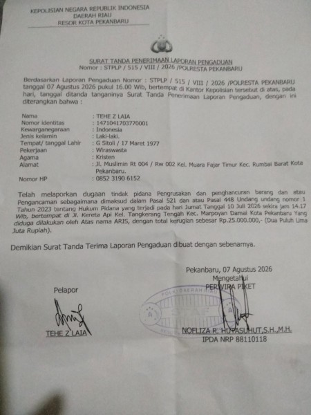 PELAKU DIDUGA RUSAK MOBIL PENGANGKUT SAMPAH, RESMI DILAPORKAN KE POLRESTA PEKANBARU